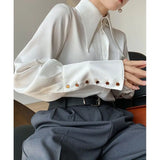 Pbong  Autumn Women's Luxury Satin Shirt French Inspired Pointed Collar Drape Front Elegant Blouse
