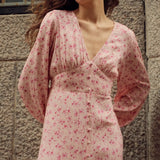 Pbong  Elegant Printed A Line Dresses for Women V Neck Puff Sleeve High Waist Patchwork Single Breasted Slit Dress Female