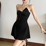 Pbong  Sexy Bow Strapless Dresses for Summer Women's Dress New SKinny High Waist Solid Fashion Slash Neck A-line Mini Dress Woman