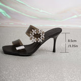 Pbong  Luxury Rhinestore Buckle Stiletto Heeled Sandals Women Pvc Transparent Super High Heels Sandalias Sexy Square Toe Party Shoes