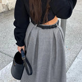 Retro Chic High Waist Gray Elegant Women Skirt Solid Color Zipper Pleat Long Skirt Fashion Office Lady Woman Clothing 2025 New