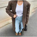 Brown Shoulder Pad Woolen Overcoat Women Elegant Lapel Single-breasted Long Sleeve Coat 2025 Autumn Lady Commuter Outerwear