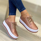 Pbong  New Comfortable Round Head Large Casual Lace up Women's Single Shoes Women's Matsutake Thick Sole Women's Shoes