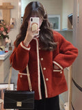 Red Faux Lamb Sweet Coat Women Korean Long Sleeve Winter Warm Jacket Vintage Casual O Neck Elegant Pearls Buttons Cute Tops