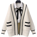 Varsity Cardigan Sweater for Women Open Front Slouchy Knitted Sweater Jacket Cardi Collaege Student Girl Fall Winter Outfit