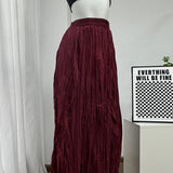 2025 New Beige Long Skirt For Women Casual Solid Color Elastic Waist Pleated Spring Summer Skirt Fashion Simple Woman Clothing