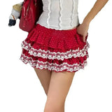Pbong  Women Mini Skirt Summer Lace Trim Layered Ruffled Skirt Japanese Lolita Gothic Y2K Aesthetic Clothes