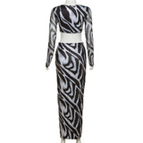 Women Skirts Sets Elegant Sexy Zebra Print Two Piece Sets Party Outfits Summer Long Sleeve T-shirts and Maxi Skirts Suits