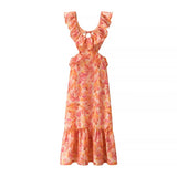 Pbong  Colorblock Loose Spliced Printing Dresses for Women V Neck Sleeveless Patchwork Hollow Out Dress Female Clothing
