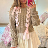 Pbong  Sweet Ribbon Criss-Cross Tie Up Sweater Girly Coquette Cable Knitted Pullovers Women Autumn Vintage Y2k Knitwear Jumpers Tops