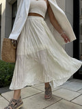 Crinkle Pleated Midi Skirts for Women Summer Clothes Elastic High Wasit A Line Fashion Skirt Female Vintage Elegant Long Skirt