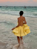 Sexy Backless Lace-up Loose Pleated Hem Mini Dress Women Sleeveless High Waist A-line Dresses New Yellow Vocation Partywear
