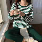 Pbong  Spring New Arrived Pajamas Set Women Comfort Cotton Stripe Long Sleeve Tops With Chest Pat Long Trousers Ladies Pullover Pjs Set