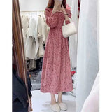 Pbong  Autumn New Corduroy Floral Dress Looks Slim High Waisted Drawstring Sweet Elegant Printed Round Neck Loose Long Sleeved Dresses