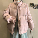 Preppy Style Sweet Pink Parkas Women Vintage Long Sleeve Winter Thick Warm Cotton Jacket Casual Stand Collar Loose Outwear