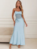 Scarf Collar Backless Sexy Maxi Dress Women Gown Light Blue Patchwork Off-shoulder Sleeveless Elegant Club Long Dress