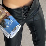 Pbong  Casual Loose-fit Cross-border Women's Pu Leather Pants Autumn Fashionable Straight-leg Low-waist Leisure Ladies Trousers