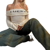 Women's Y2K Cute Off Shoulder Sweaters Chest Folding Slash Neck Flare Long Sleeve Slim Fit Knitted See-through Tops