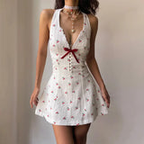 Cherry Print V-Neck Sleeveless Sexy Backless Casual Halter Mini Dress Y2K Spring Summer Streetwear Party Women Vestidos