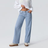 Women Jeans Low Waist Solid Color Wide Leg Straight Trousers with Pockets for Daily Streetwear Fashion Denim Pants