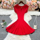 Pbong  Chic Fashion Slim Waist A-line Knitted Dress  Summer O-neck Elegant One Button Party Dress Korean Outfits Vestidos
