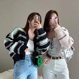 Striped Knit Cardigan Long Sleeve Button Down Boxy-fit Sweater Jacket for Women Teen-girl Korean Fashion Chic Fall Winter Outfit