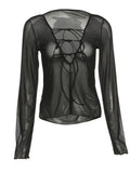 Black Mesh Women T Shirt Y2K Sexy Lace Up V Neck Long Sleeve Female Cropped Top Fashion Streetwear Off Shoulder See Through Tees