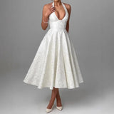 Elegant Sexy Evening Party Dresses Women Korean Style Halter V-neck Dress Sweet Backless Yellow Summer Solid Midi Dress