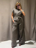 Pbong  Denim High Neck Vest & Wide-Leg Pants Set Sleeveless Elastic Waist Top Pleated Trousers Spring Fashion Chic Edgy Women Suit