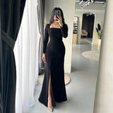 Saudi Arabic Mermaid Prom Dresses 2025 Women's Black Square Collar PartyDress Evening Gown Sexy Slit Formal Gown