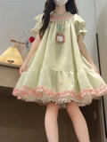 French Elegant Bow Patchwork Loose Dress 2000s Summer Japanese Sweet Kawaii Dress Y2k Harajuku Vintage One Piece Dress Korean