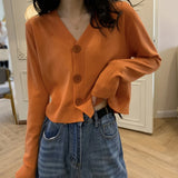 Button Up Knit Cardigan Sweater Women Long Sleeve Boxy fit Crop Top Sweater Jacket Autumn Winter Teen-girl Casual Daily Outfit