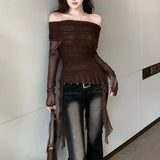 Fashion Sexy Off The Shoulder Slash Neck French Tops Y2k Harajuku Vintage American Slim Lrregular Design Clothing French Shirts