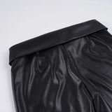 Pbong  Basic Solid Pu Leather Flare Pants Casual Slim Folds Low-Waisted Wide Leg Pants Women Autumn Spring Streetwear Office Lady