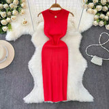 Pbong  Skinny Knit Dresses Summer Women's Dress New Korean women's O-neck Solid sleeveless Hollow Out Sexy Midi wrapped knit dress