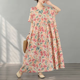 Pbong  Bohemian Print Maxi Dress High Waist Short Sleeve round Neck plus Size Summer Fashion Simple Elegant Women's Clothing