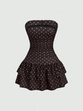 Pbong  Sweetra New Winter French Fashion Polka Dot Lace Ruffle Bow Design Office Commute Casual Cute Sweet Style Strapless Bodycon Cinc