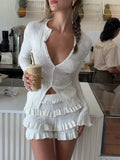 Knitted Cardigan Shorts Suit Women's Long Sleeve Sexy Hollow Top Fashion Slim Shorts Ruffles Splice Female Shorts Sets
