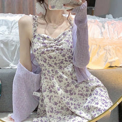 Dresses Women Sweet Korean Style Girls Floral Spaghetti Straps High-waist Summer Elasticity Mini Vestdios Female Japan Version
