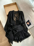 French Elegant Vintage Black Chiffon Dress Long Sleeve V Neck Autumn Women Sweet Dress Casual Holiday Evening Party Wear