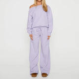 Pbong  Women Lounge 2 Pieces Outfits Solid Color Off the Shoulder Long Sleeve Loose Fit Sweatshirt Tops and Wide Leg Pants Matching Set