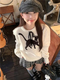 Kawaii Cat Graphic Sweater Women Korean Fashion Sweet Bow Pullover Kpop Casual Sueter Mujer Coquette Long Sleeve Tops