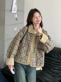 Vintage Plaid Cargo Jacket Women Retro Double Sided Wear Preppy Style Sweet Coat Korean Fall Winter Long Sleeve Pockets Top