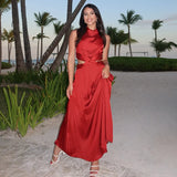 Satin Hollow Out Kink Long Dress Round Neck Sleevelss Party Dress For Summer Elegant Chic Vestidos Woman Clothing