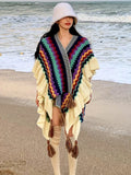Pbong  Vintage Bohemian Chic Cloaks Capes Boho Ruffles Women Spring Autumn Knitted Ethnic Capes Tassels Cloak Poncho Outwear