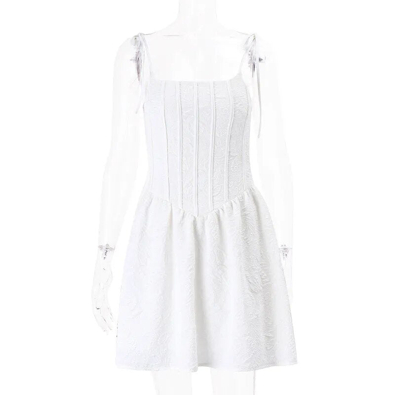 Jacquard White Summer Mini Dresses Women French Style Vintage Sexy A Line Corset Dress N33-