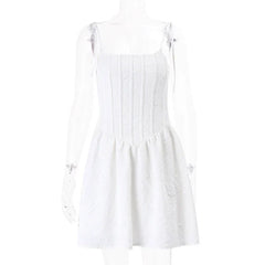 Jacquard White Summer Mini Dresses Women French Style Vintage Sexy A Line Corset Dress N33-