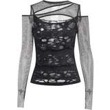 Gothic Mesh Hole Long Sleeve T-Shirts Women's Mock Neck Slim Fit Fishnet Sheer Blouse Cut Out Rave Tops See Through Top
