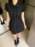 Y2k Vintage Black Lace Shirt Dress for Women Slim Waist All-match Dresses Summer New Short Sleeve Vestidos De Mujer