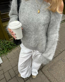 Fluffy Mohair Off Shoulder Cropped Sweater Oversize Slouchy Long Sleeve 2025 Autumn Cozy Women Knit Top Trendy Sweet Lady Jumper